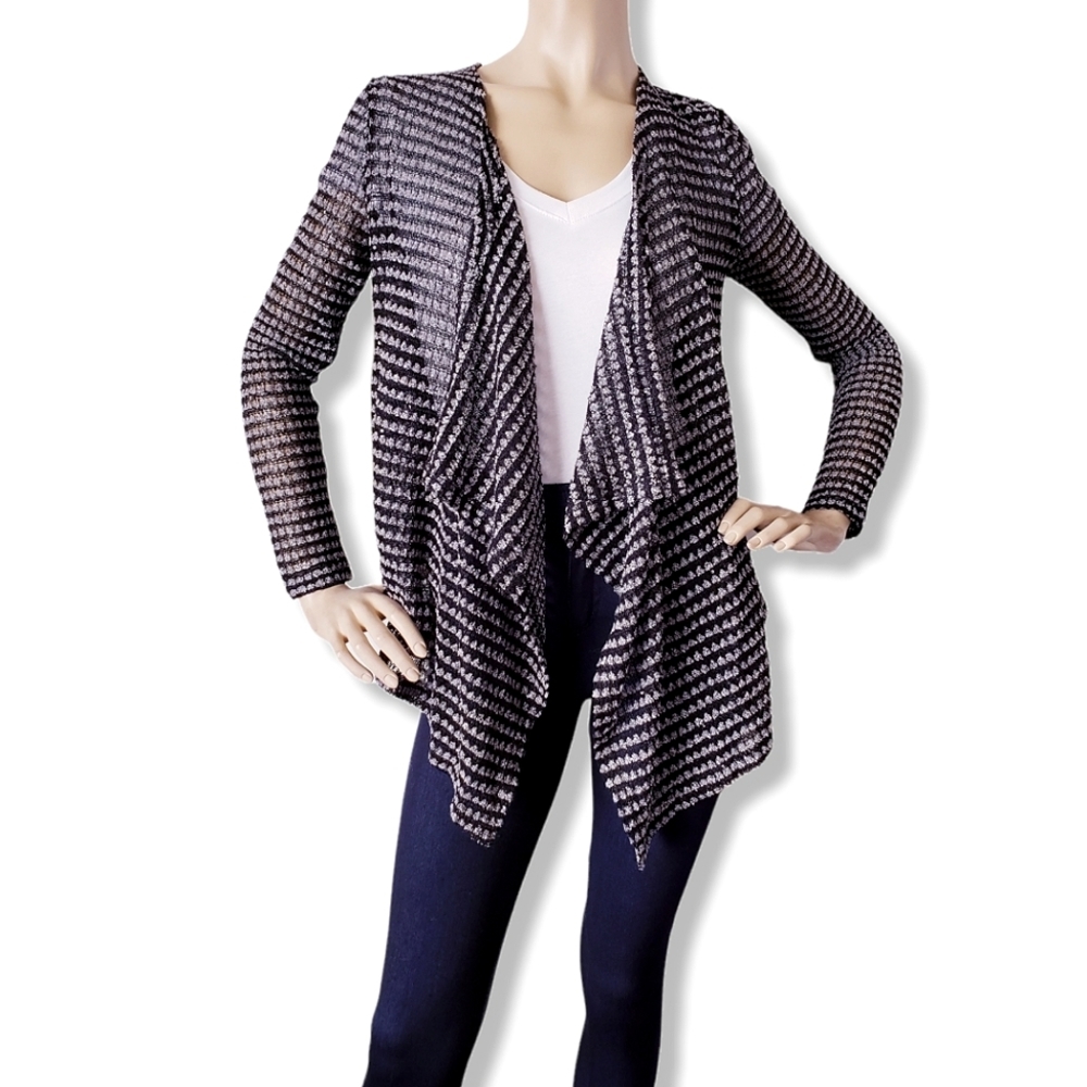 Tcec Black & White Sequined Mixed Media Wrap Open Front Cardigan